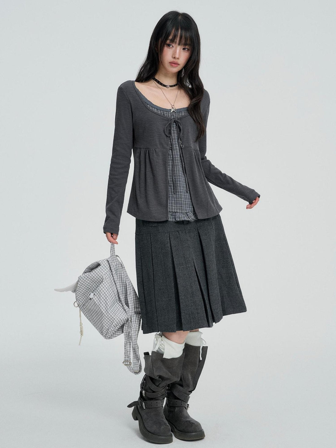 VEEMIX Artistic Plaid Layered Look Women&