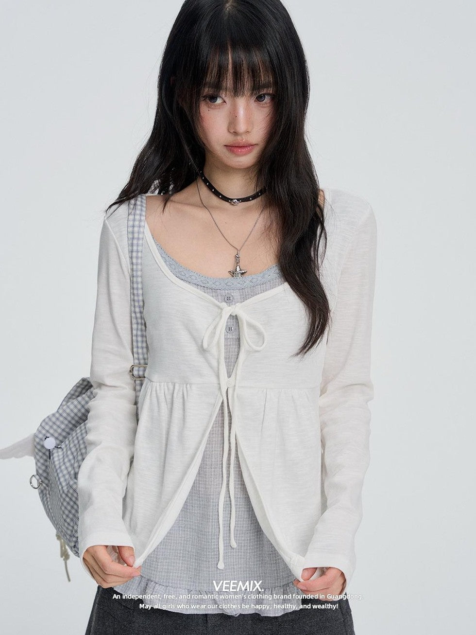 VEEMIX Artistic Plaid Layered Look Women&