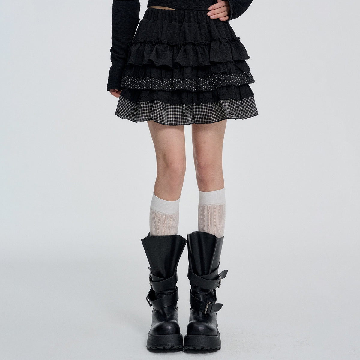 VEEMIX_Black_Tiered_Ruffle_Pleated_High_Waist_Women&