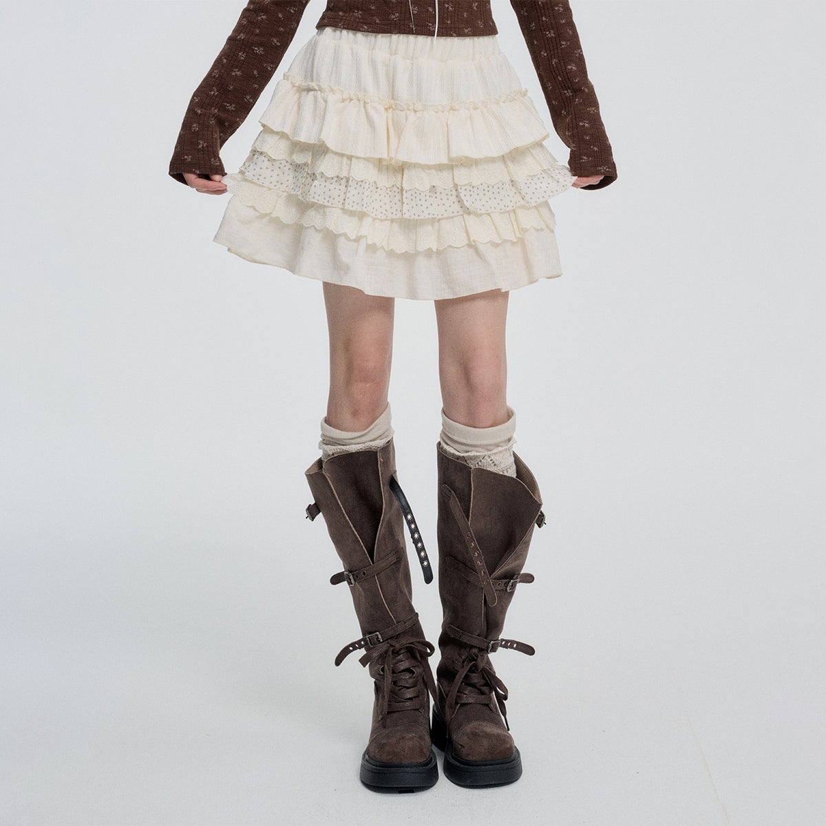 VEEMIX_Black_Tiered_Ruffle_Pleated_High_Waist_Women&