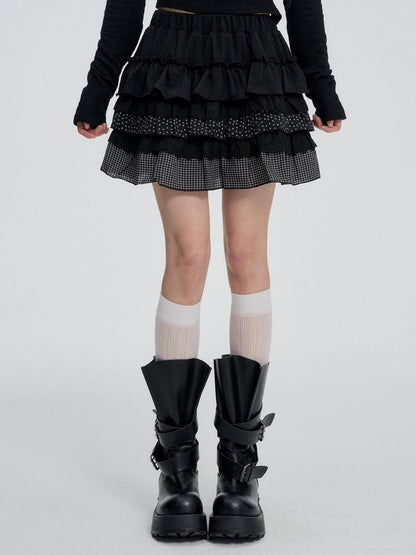 VEEMIX Black Tiered Ruffle Pleated High Waist Women&