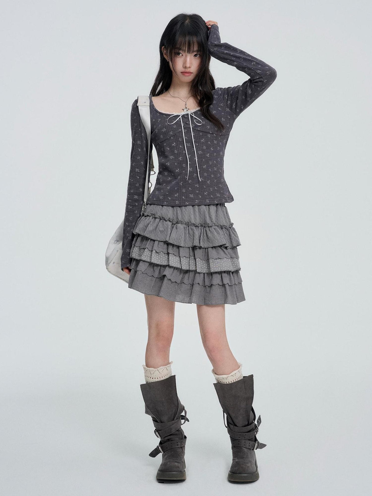 VEEMIX Black Tiered Ruffle Pleated High Waist Women&