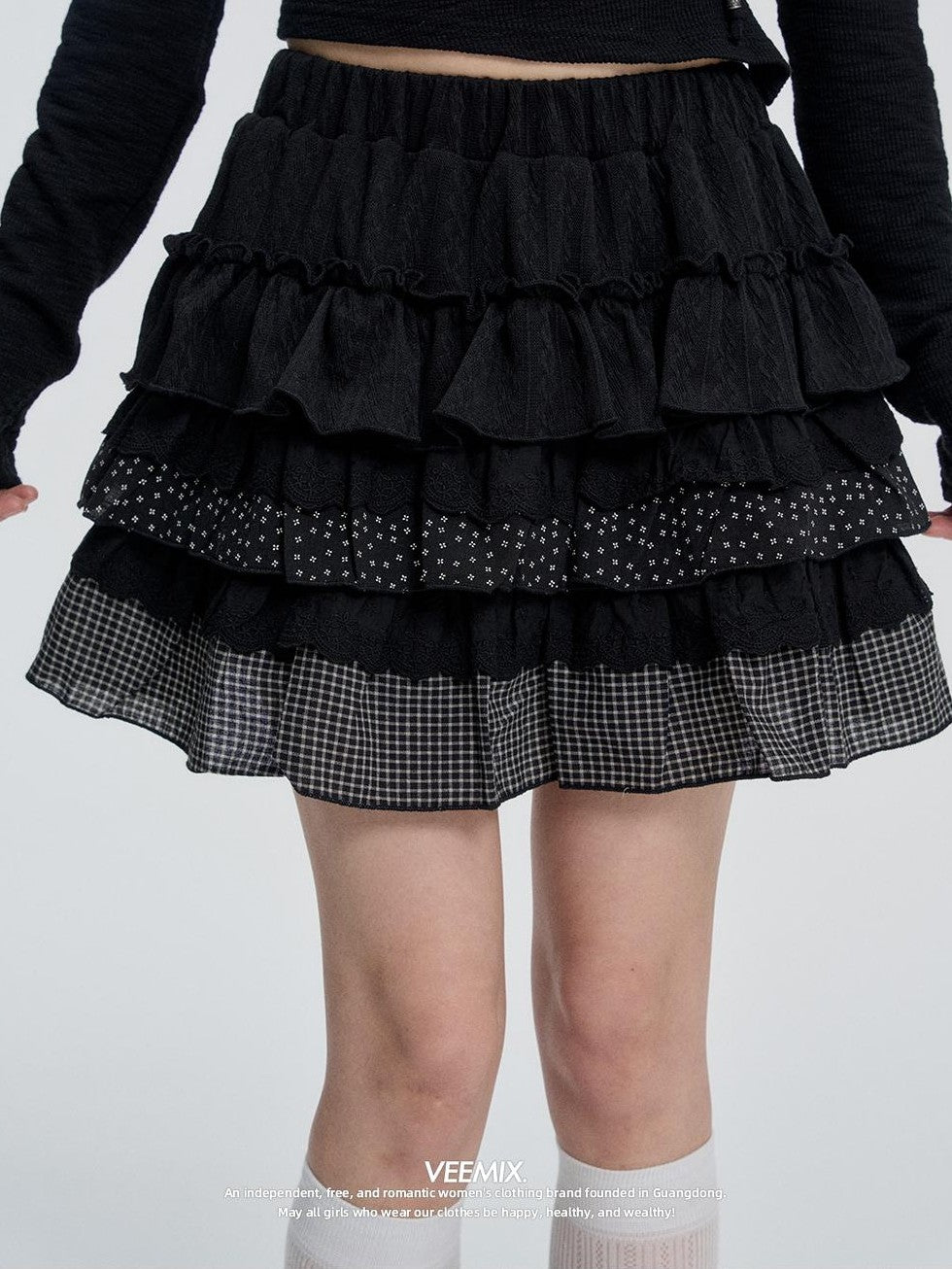 VEEMIX Black Tiered Ruffle Pleated High Waist Women&