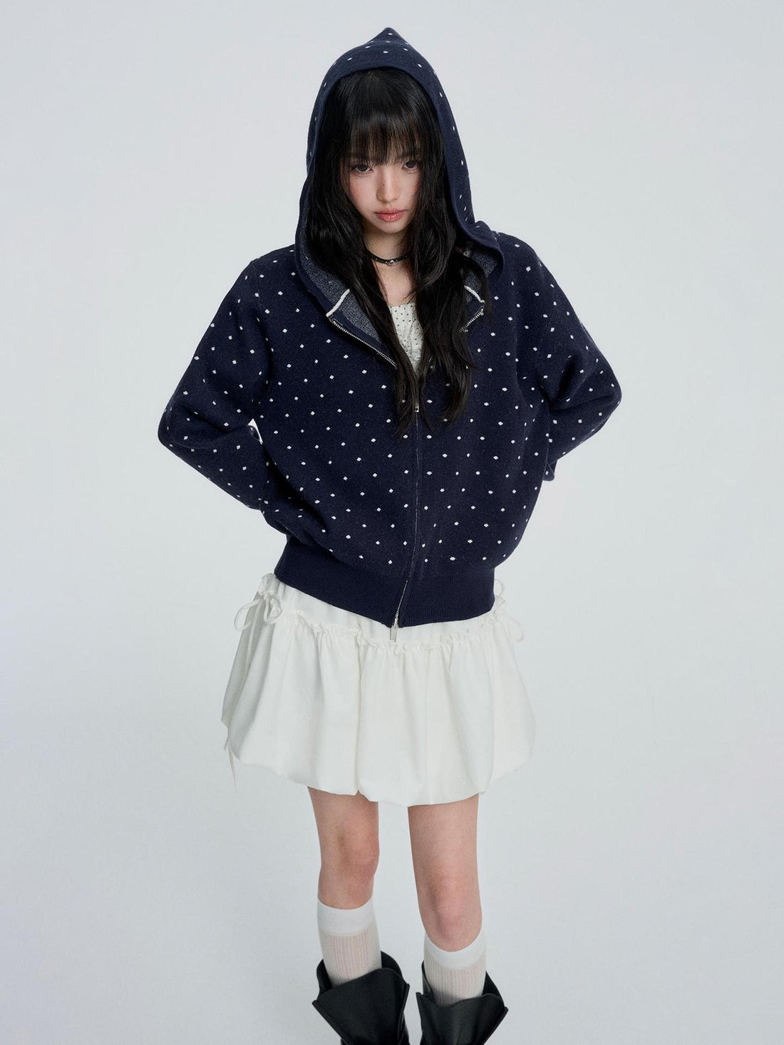 VEEMIX Blue Polka Dot Loose Knit Hooded Women&