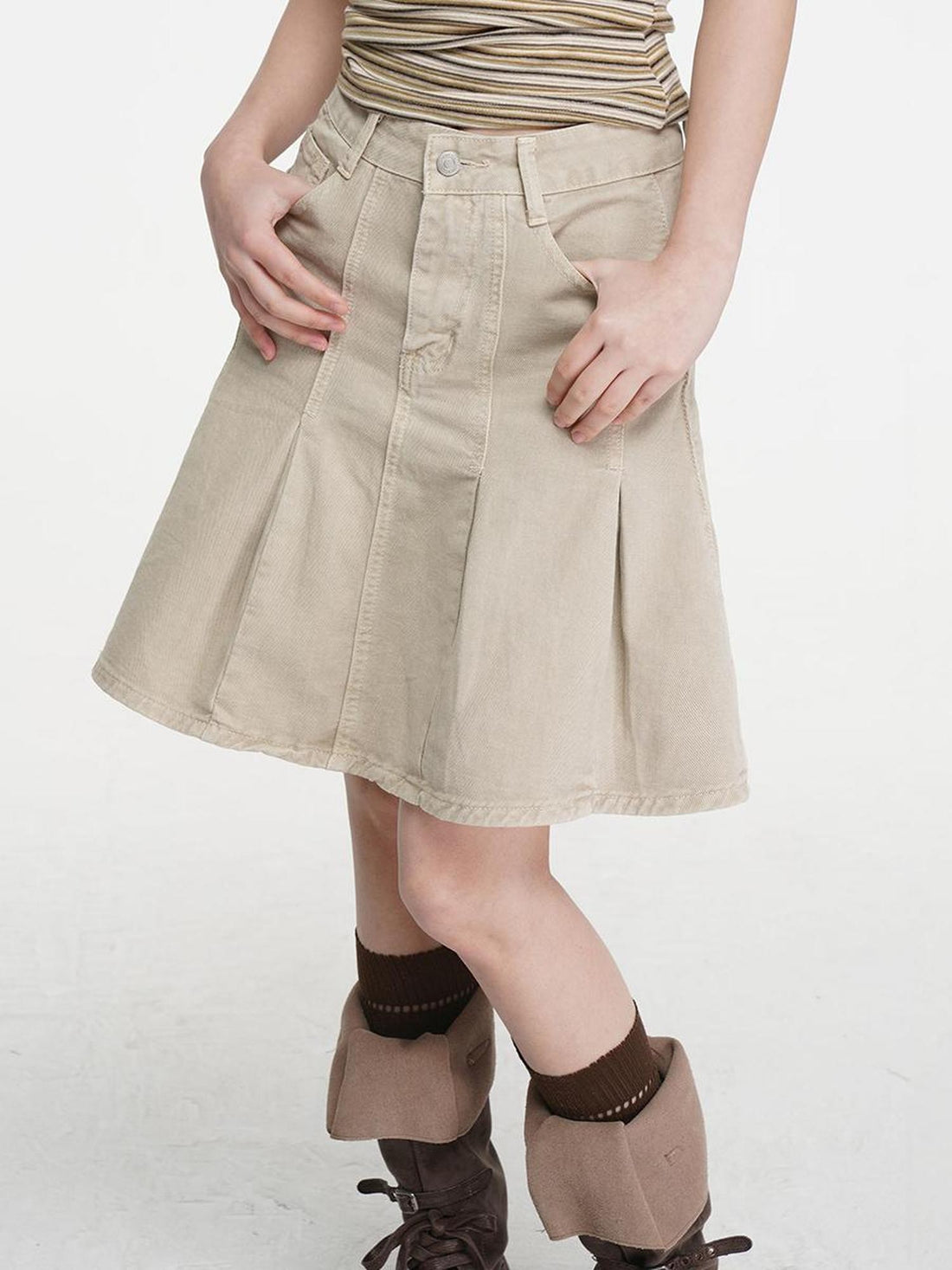 VEEMIX Brown Pleated Pocket Topstitch A Line Women&