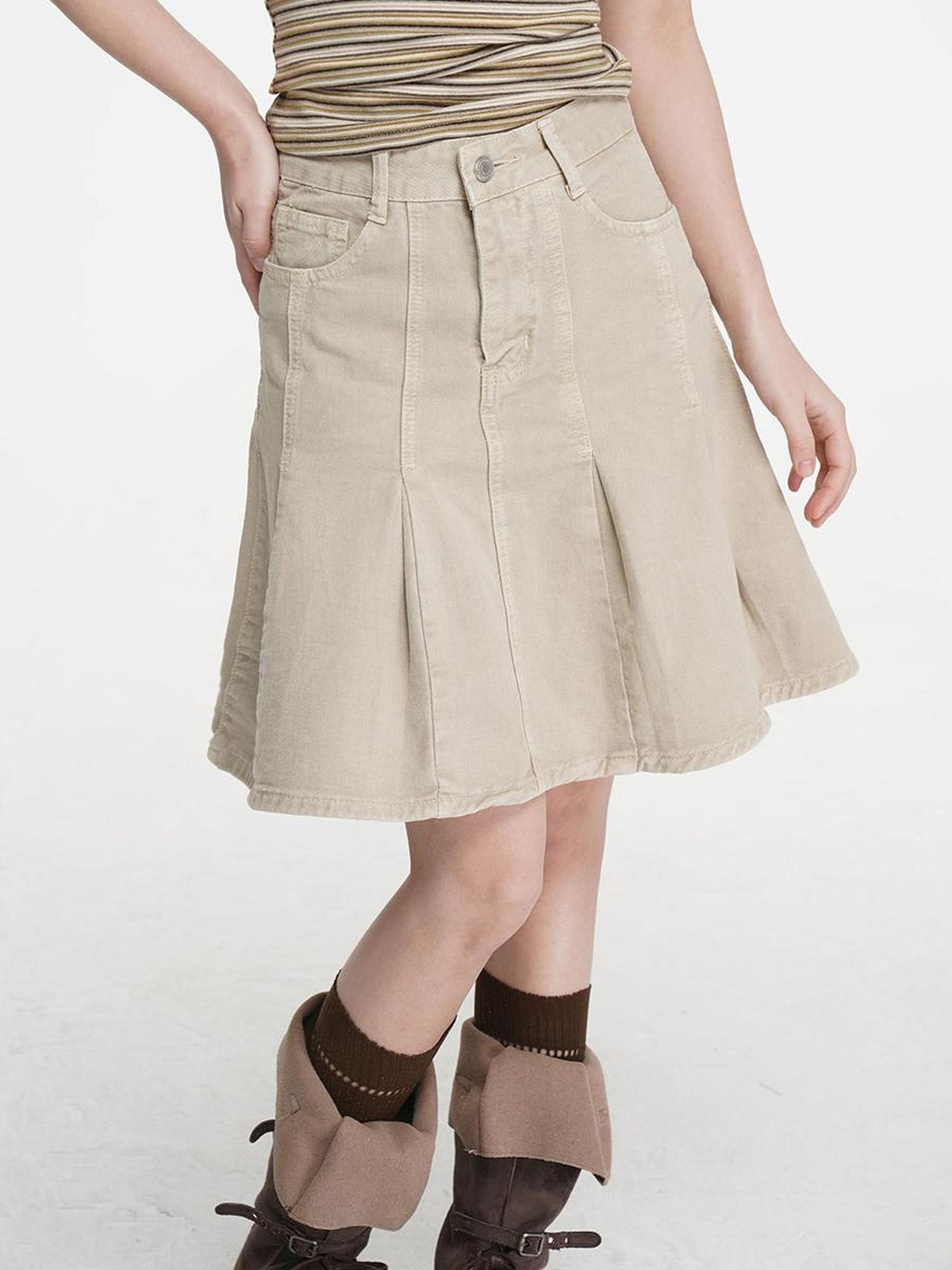 VEEMIX Brown Pleated Pocket Topstitch A Line Women&