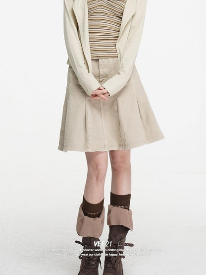 VEEMIX Brown Pleated Pocket Topstitch A Line Women&