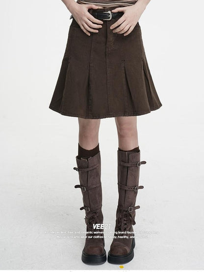 VEEMIX Brown Pleated Pocket Topstitch A Line Women&