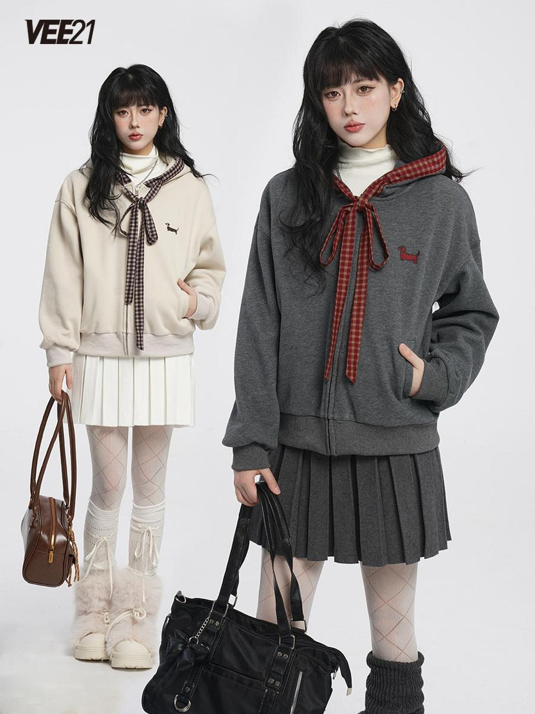 VEEMIX Embroidered Fleece Loose Sweet Drawstring Pocket Women&