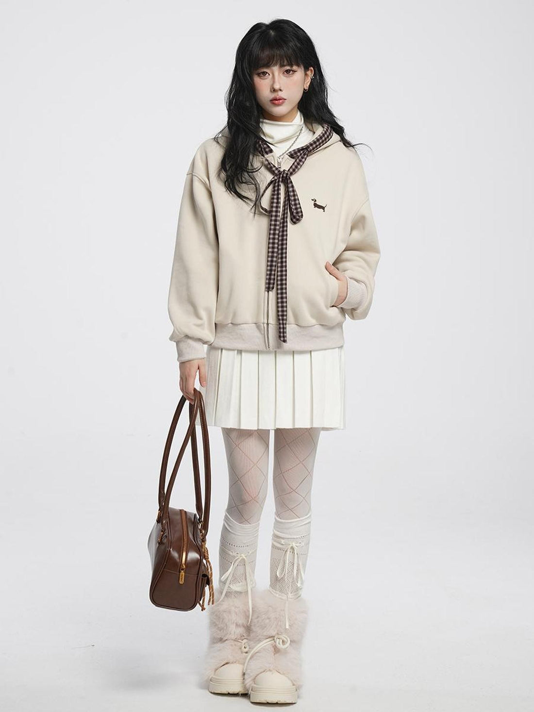 VEEMIX Embroidered Fleece Loose Sweet Drawstring Pocket Women&
