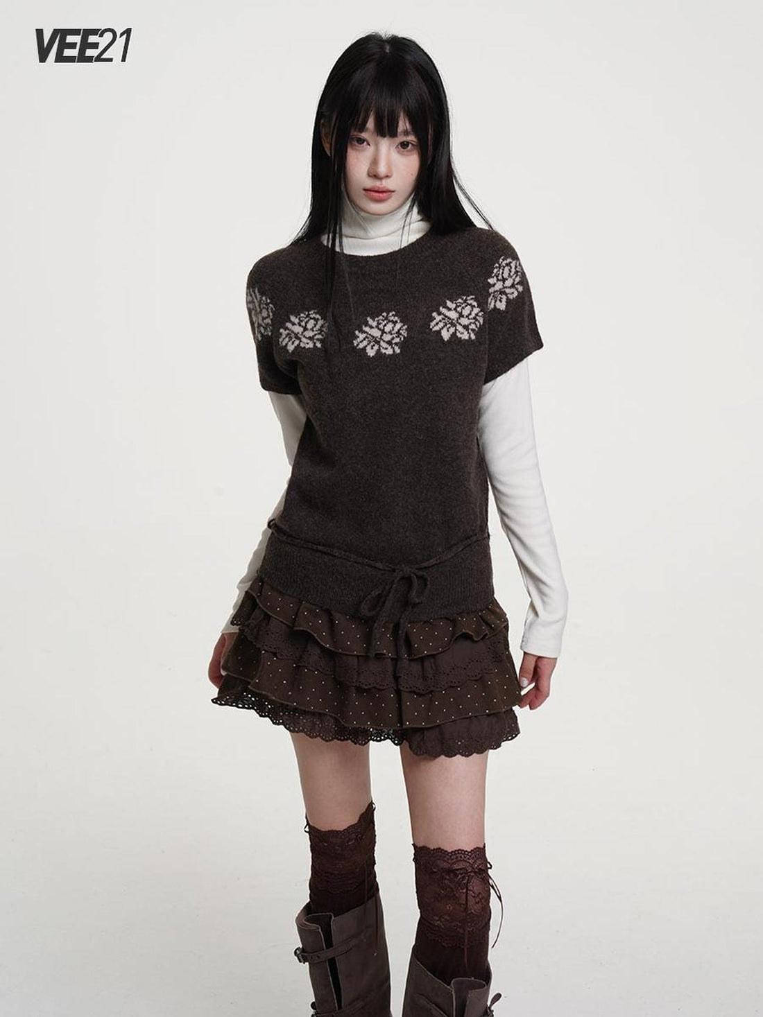 VEEMIX Fair Isle Knit Tie Detail Short Sleeve Women&