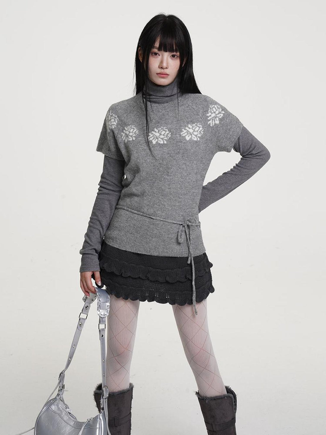 VEEMIX Fair Isle Knit Tie Detail Short Sleeve Women&