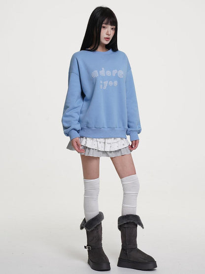 VEEMIX Fleece Lined Letter Patch Round Neck Loose Fit Women&