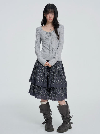 VEEMIX Floral Lace Trim Slim Fit Round Neck Women&