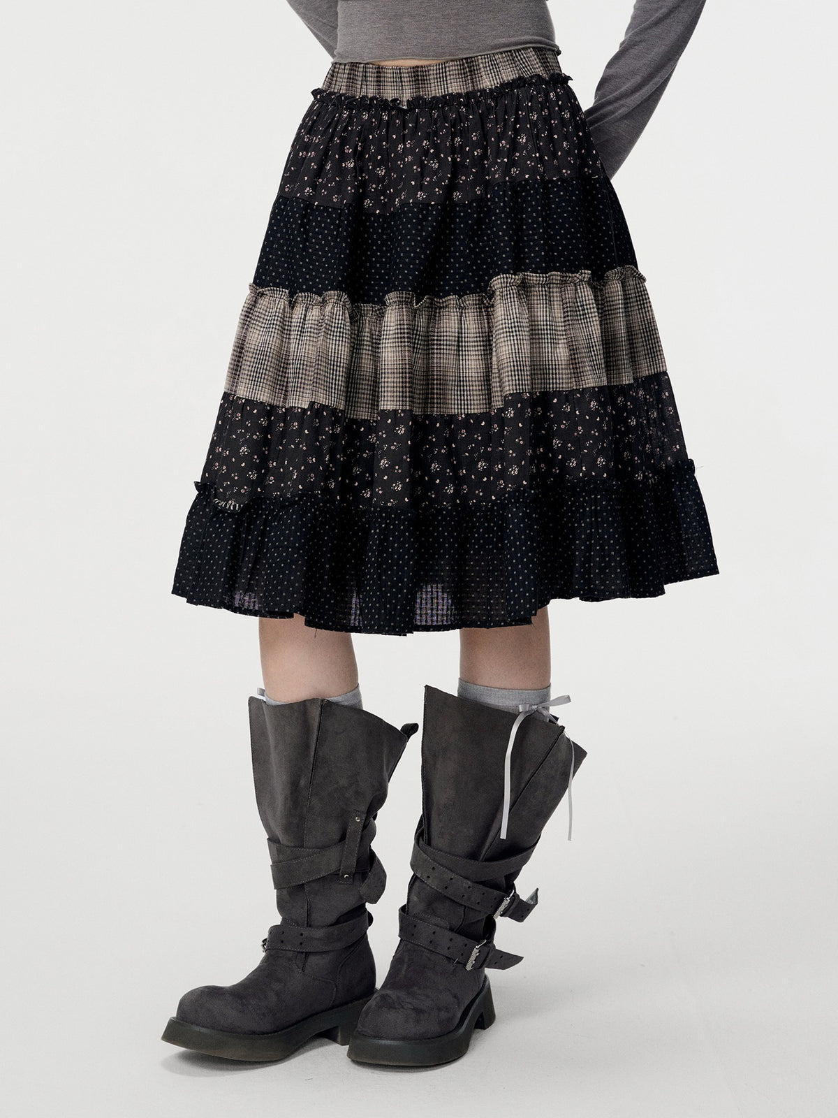 VEEMIX_Floral_Plaid_Patchwork_Ruched_A_Line_Cotton_Women&