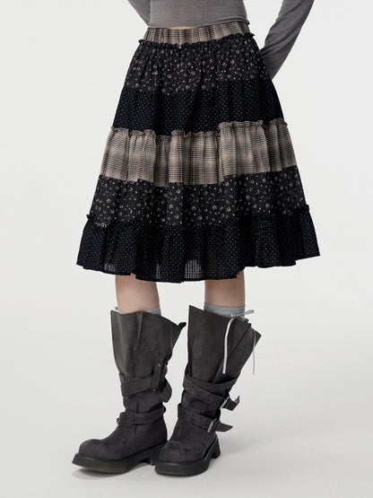 VEEMIX_Floral_Plaid_Patchwork_Ruched_A_Line_Cotton_Women&