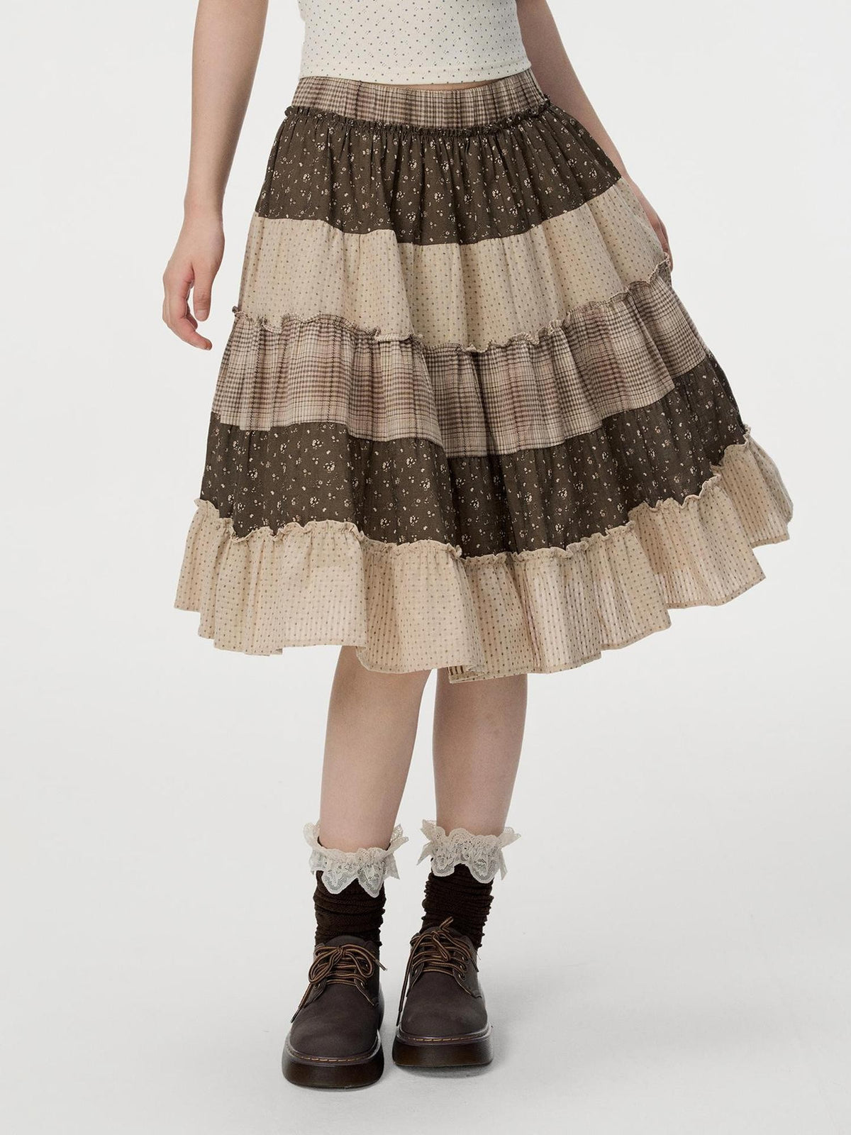 VEEMIX Floral Plaid Patchwork Ruched A Line Cotton Women&
