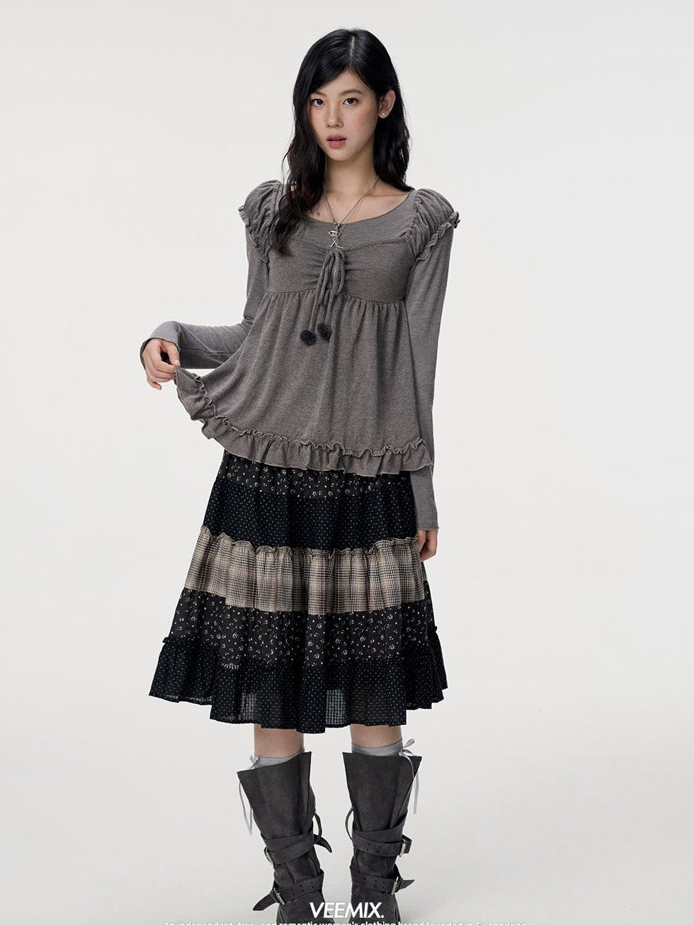 VEEMIX Floral Plaid Patchwork Ruched A Line Cotton Women&