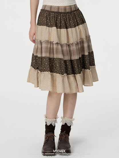 VEEMIX Floral Plaid Patchwork Ruched A Line Cotton Women&