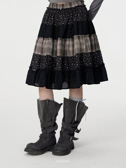 VEEMIX Floral Plaid Patchwork Ruched A Line Cotton Women&