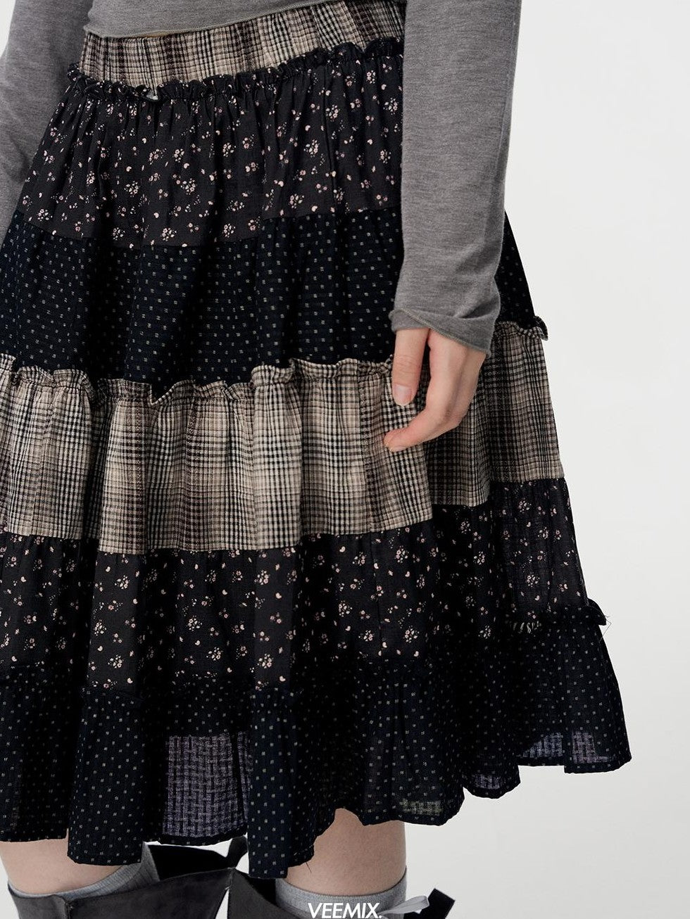 VEEMIX Floral Plaid Patchwork Ruched A Line Cotton Women&