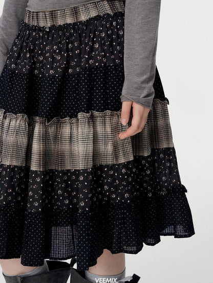 VEEMIX Floral Plaid Patchwork Ruched A Line Cotton Women&