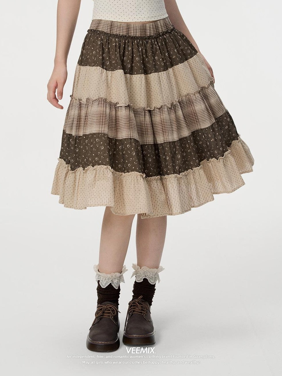 VEEMIX Floral Plaid Patchwork Ruched A Line Cotton Women&