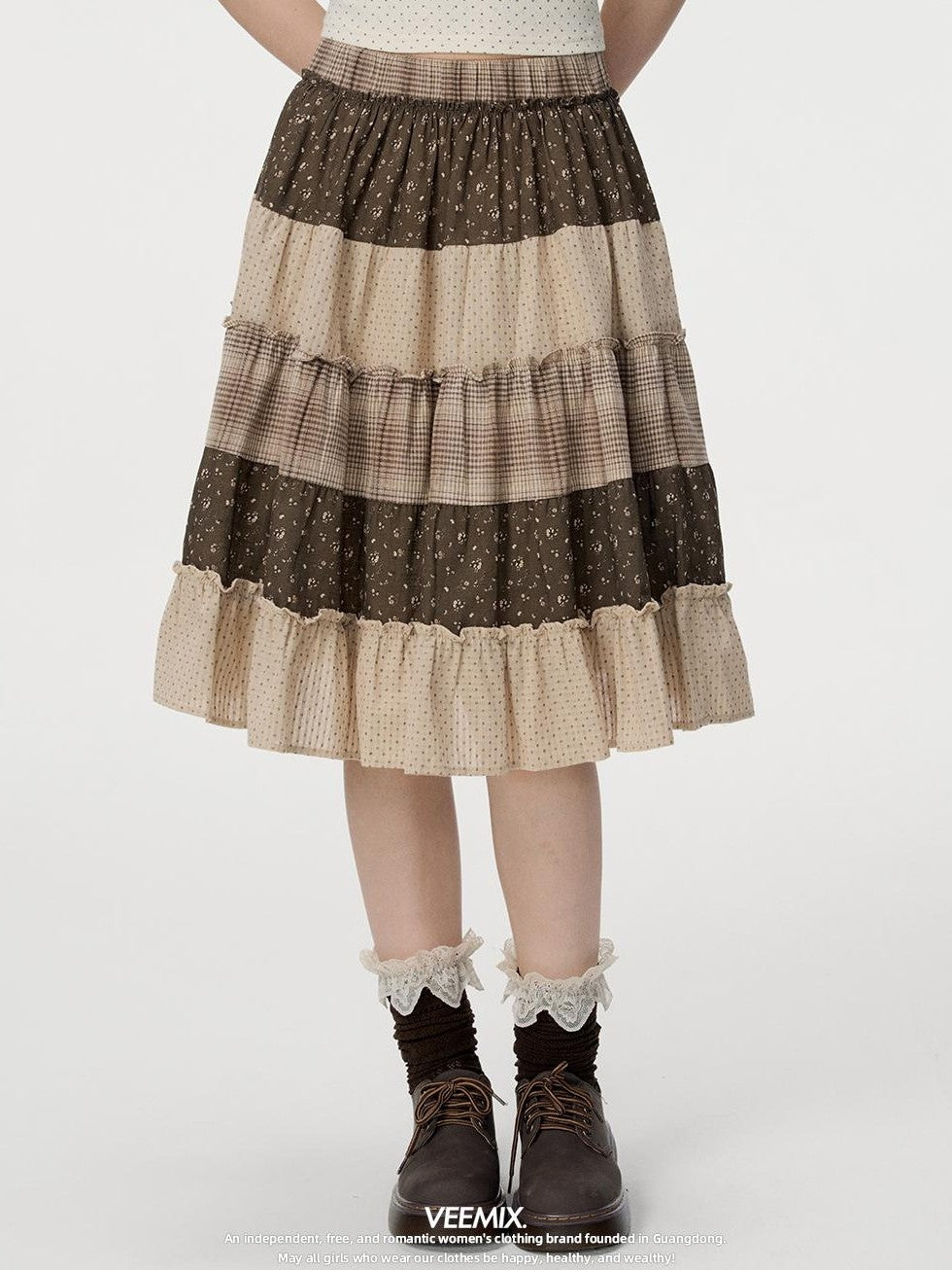 VEEMIX Floral Plaid Patchwork Ruched A Line Cotton Women&
