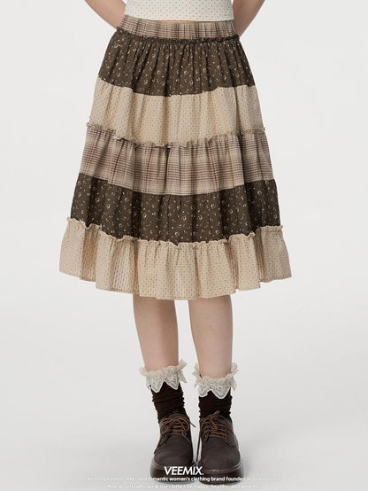 VEEMIX Floral Plaid Patchwork Ruched A Line Cotton Women&