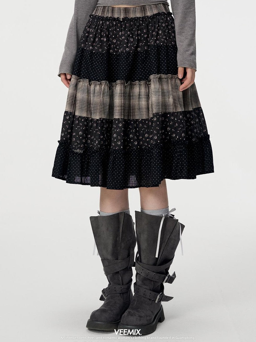 VEEMIX Floral Plaid Patchwork Ruched A Line Cotton Women&