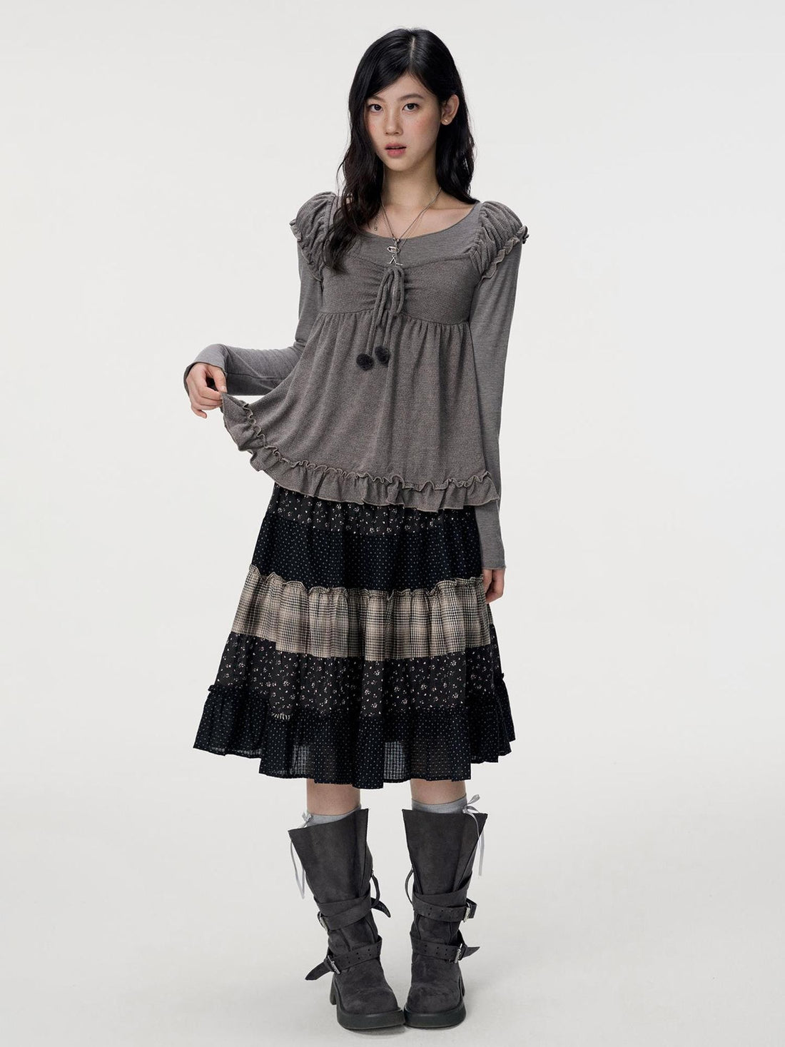 VEEMIX Floral Plaid Patchwork Ruched A Line Cotton Women&