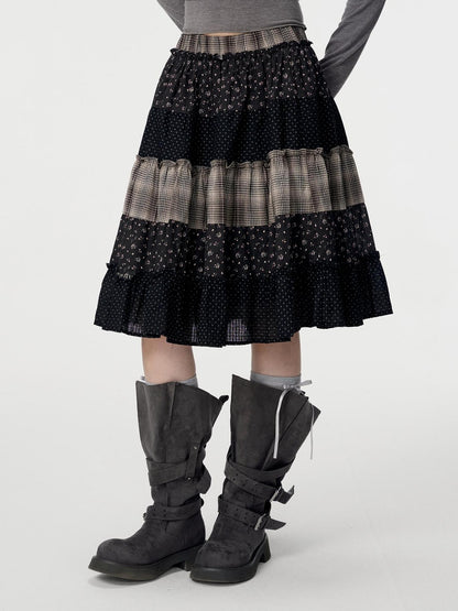 VEEMIX Floral Plaid Patchwork Ruched A Line Cotton Women&