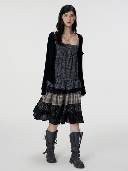 VEEMIX Floral Plaid Patchwork Ruched A Line Cotton Women&