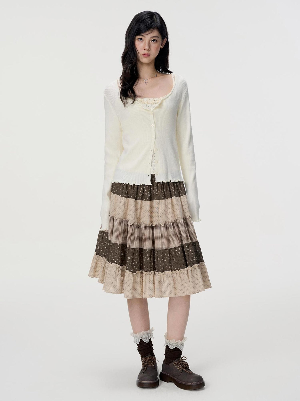 VEEMIX Floral Plaid Patchwork Ruched A Line Cotton Women&