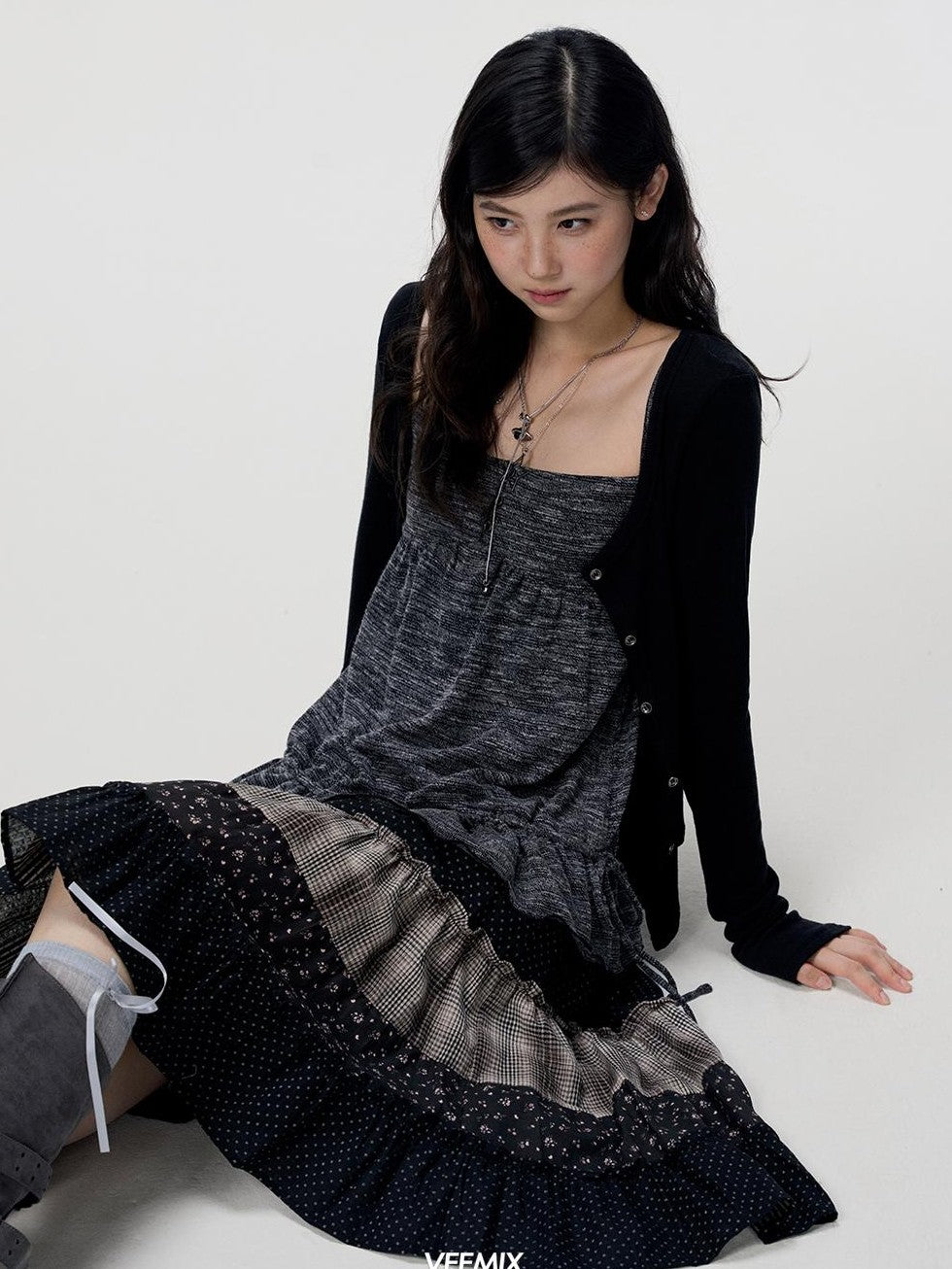 VEEMIX Floral Plaid Patchwork Ruched A Line Cotton Women&