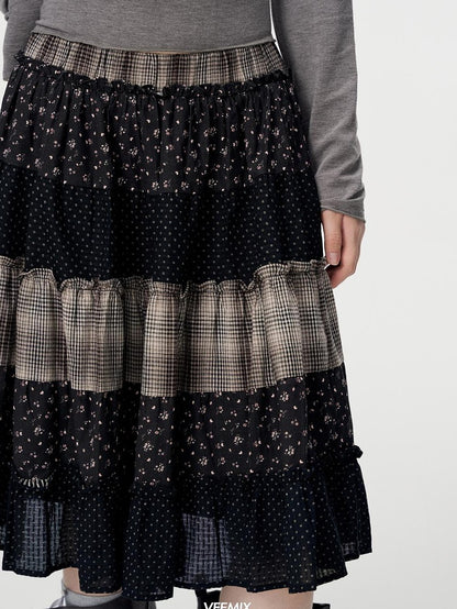 VEEMIX Floral Plaid Patchwork Ruched A Line Cotton Women&