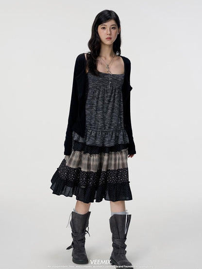 VEEMIX Floral Plaid Patchwork Ruched A Line Cotton Women&