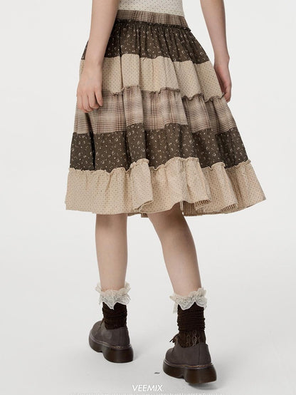 VEEMIX Floral Plaid Patchwork Ruched A Line Cotton Women&