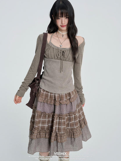 VEEMIX Girls Patchwork Pleated Lace Up Halter Women&