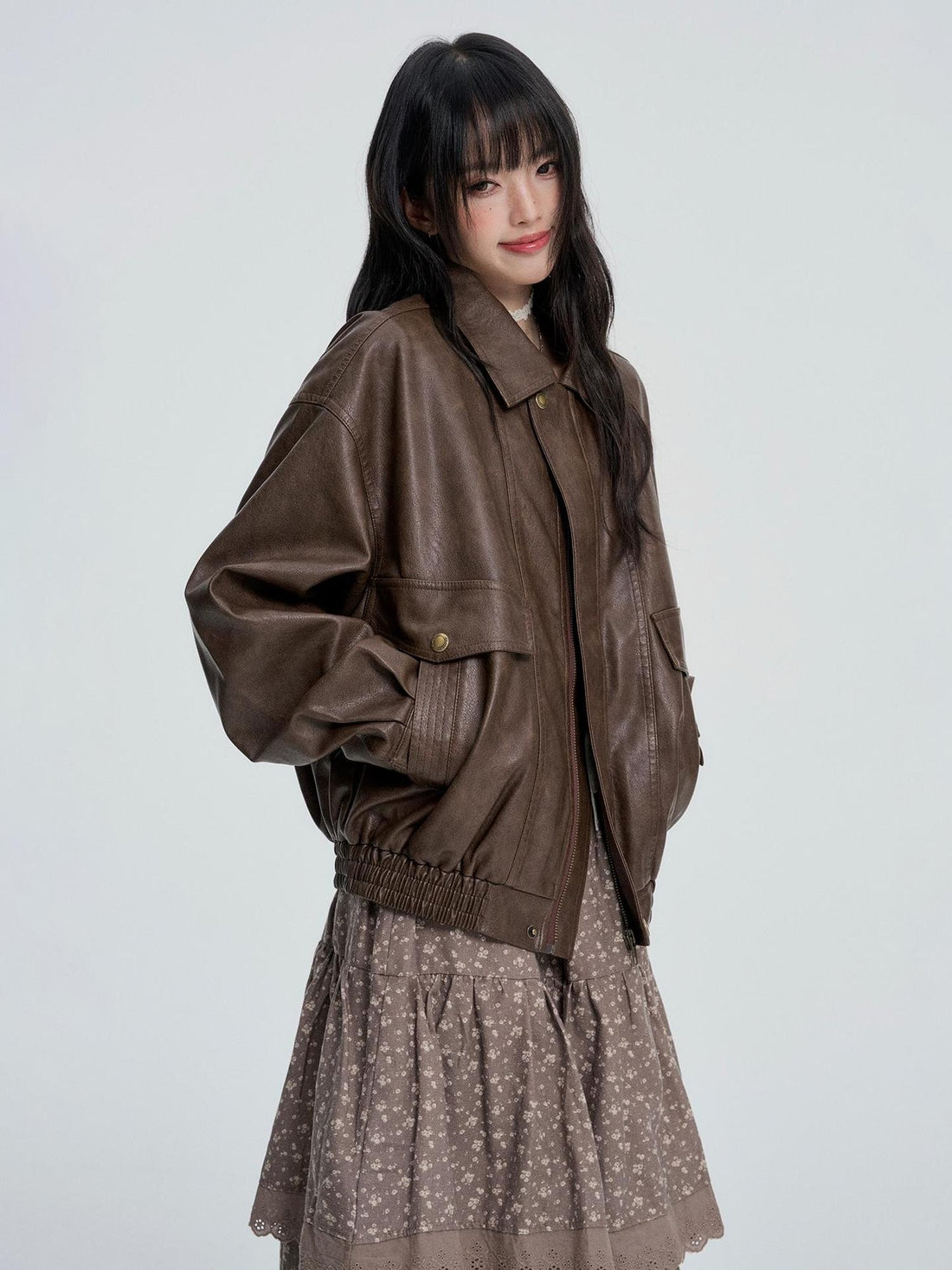 VEEMIX Glossy Loose Fit Metal Button Lapel Women&