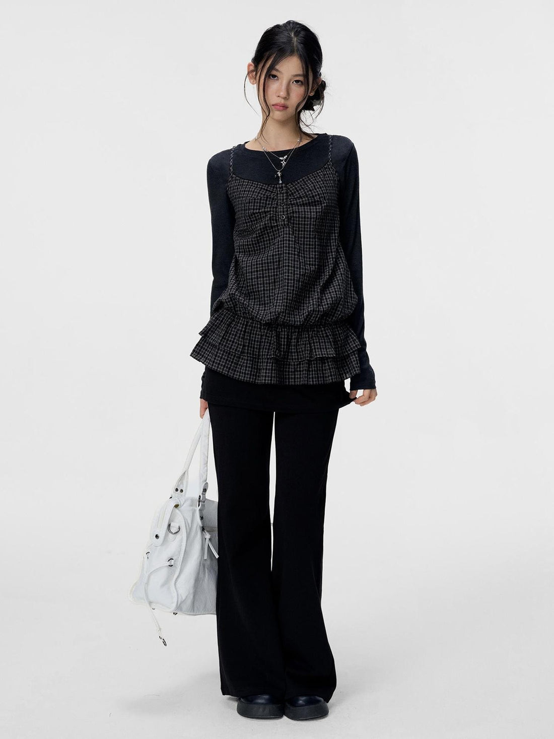 VEEMIX Gray Layered Look Straight Leg Drawstring High Waist Women&