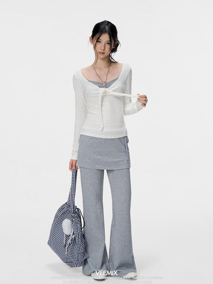 VEEMIX Gray Layered Look Straight Leg Drawstring High Waist Women&