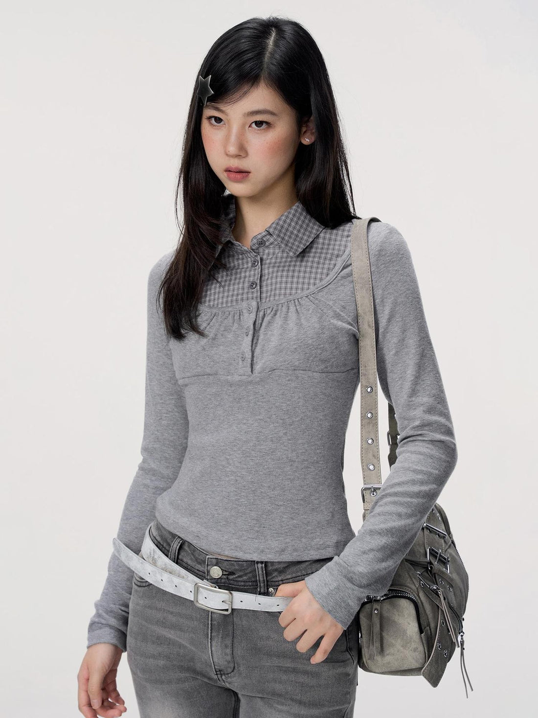 VEEMIX Gray Plaid Fake Two Piece Button Women&