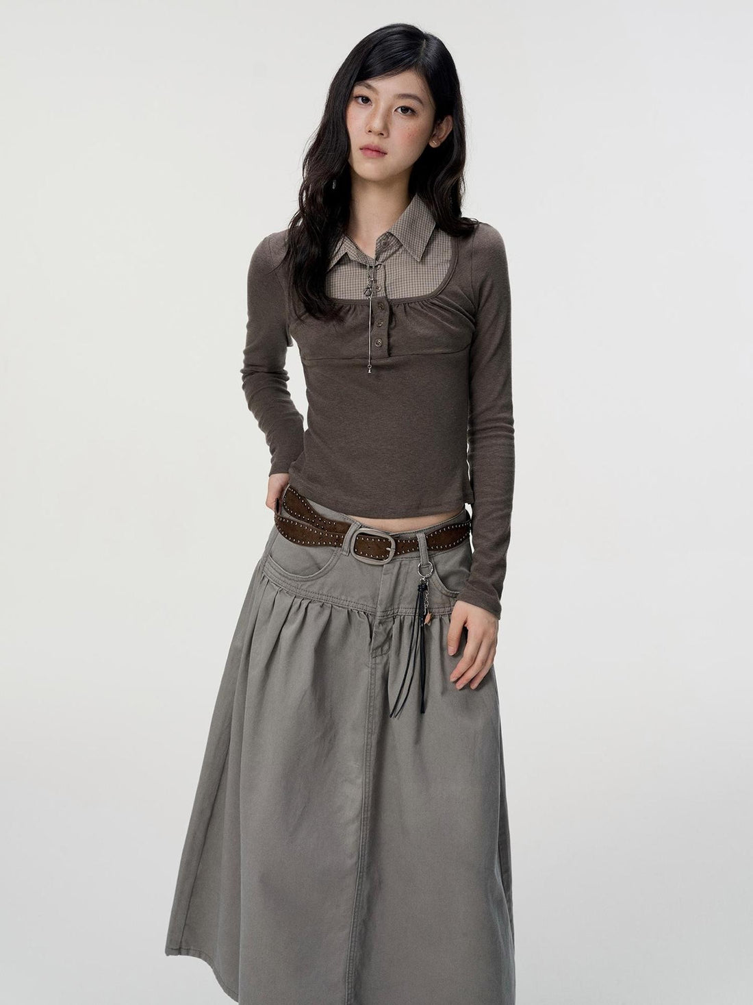 VEEMIX Gray Plaid Fake Two Piece Button Women&