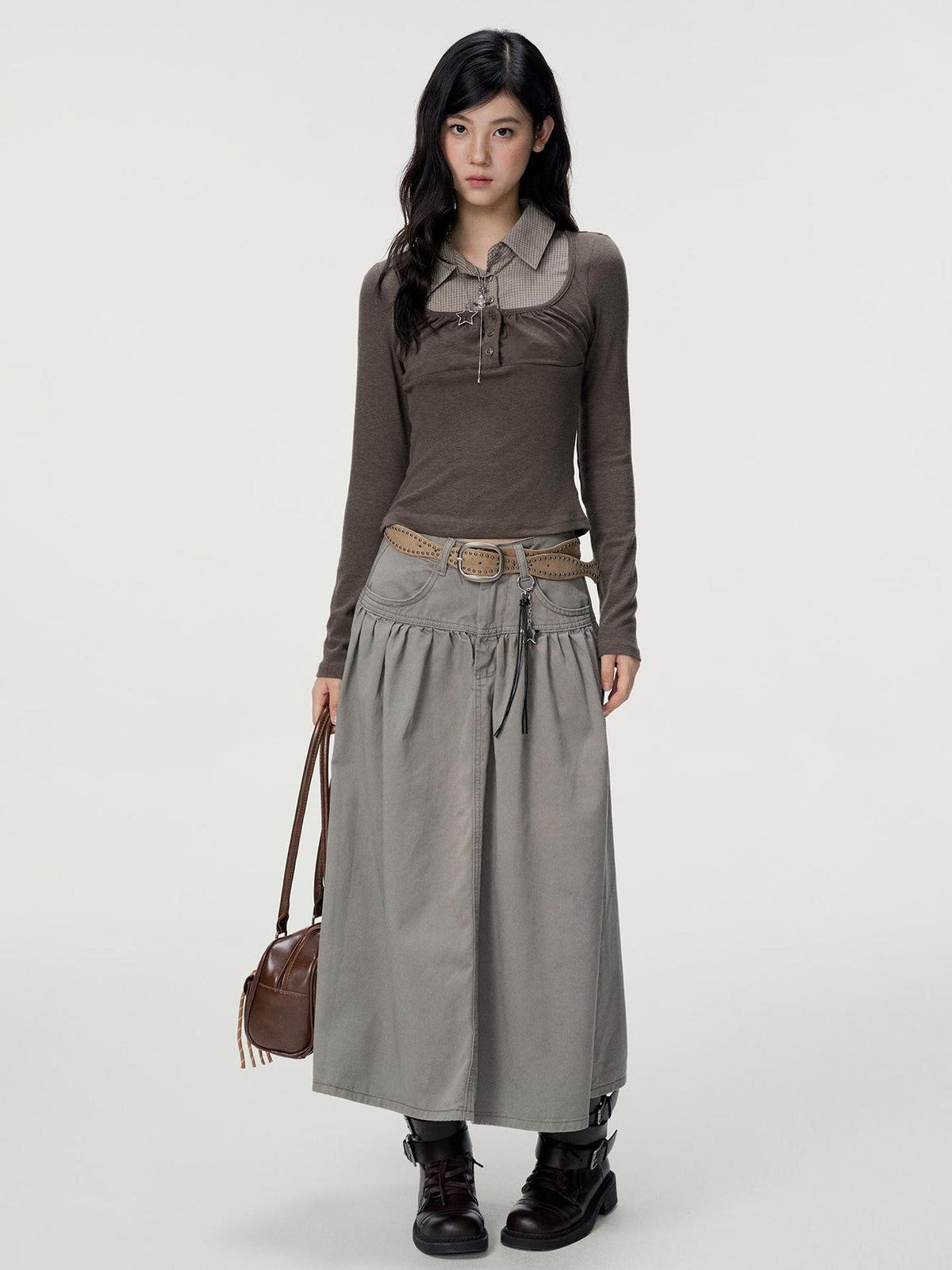 VEEMIX Gray Plaid Fake Two Piece Button Women&