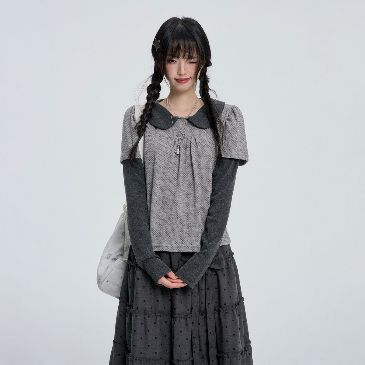 VEEMIX_Gray_Polka_Dot_Layered_Fake_Two_Piece_Women&