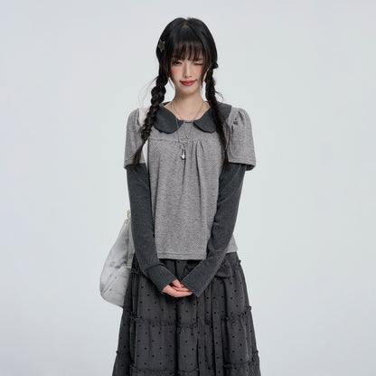 VEEMIX_Gray_Polka_Dot_Layered_Fake_Two_Piece_Women&