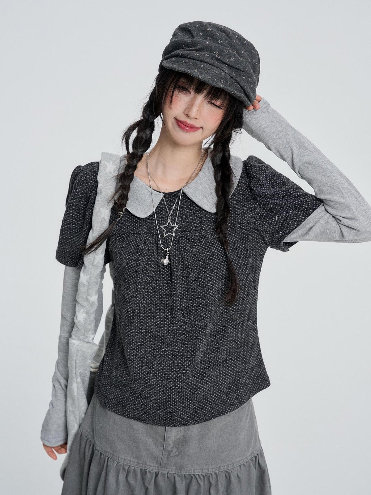 VEEMIX Gray Polka Dot Layered Fake Two Piece Women&