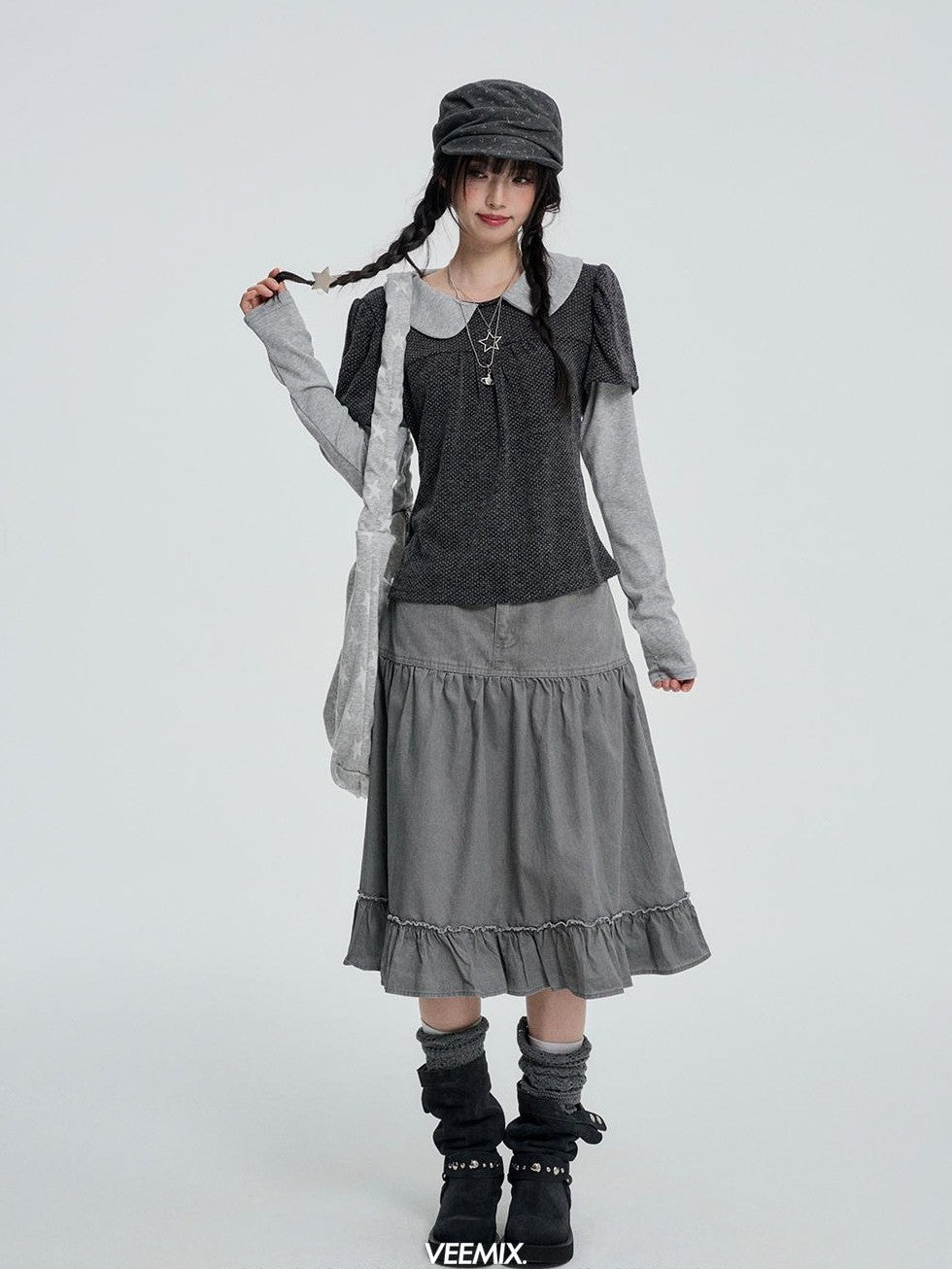 VEEMIX Gray Polka Dot Layered Fake Two Piece Women&