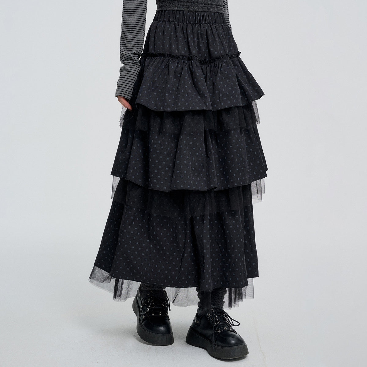 VEEMIX_Gray_Polka_Dot_Mesh_Spliced_Tiered_Ruffle_Women&